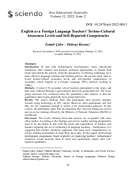 (PDF) English as a Foreign Language Teachers’ Techno-Cultural Awareness ...