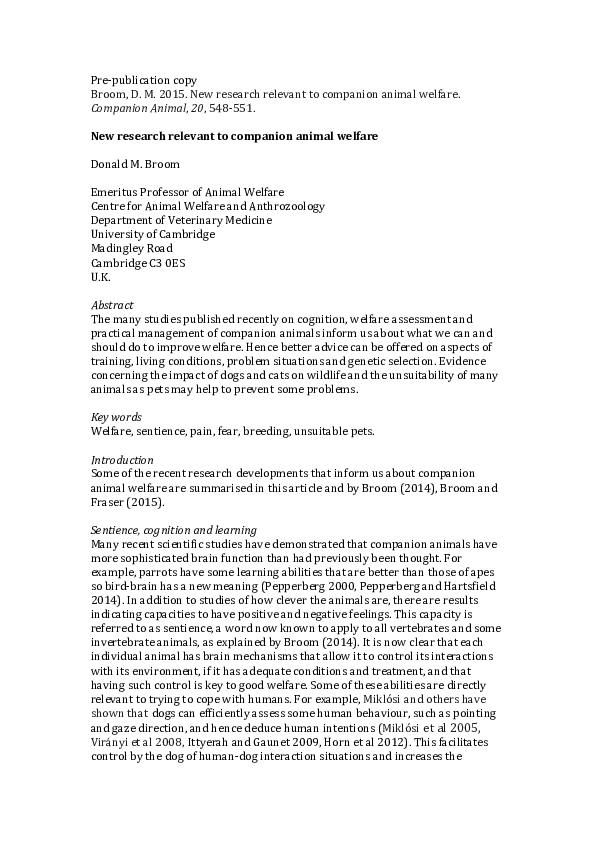 (PDF) New research relevant to companion animal welfare