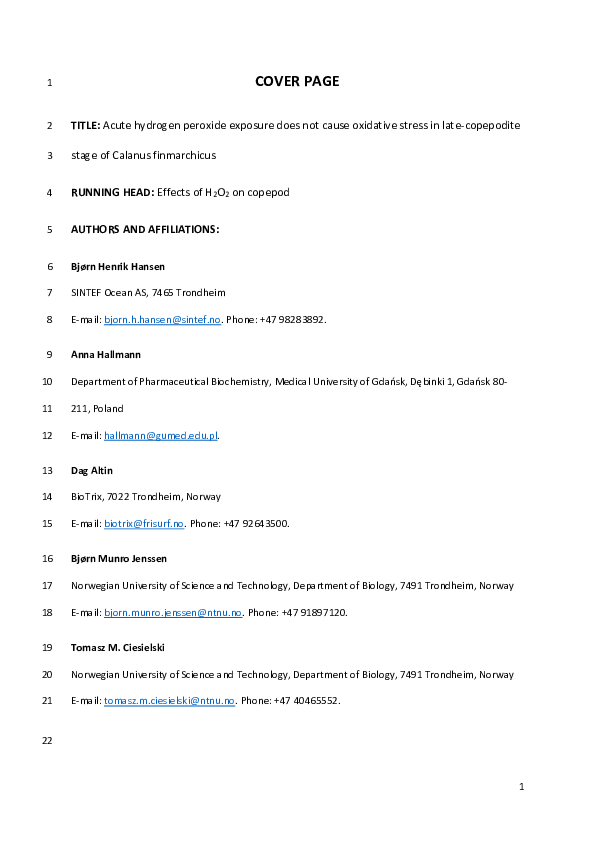 (PDF) Acute hydrogen peroxide (H2O2) exposure does not cause oxidative ...