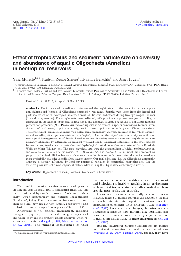 (PDF) Effect of trophic status and sediment particle size on diversity ...