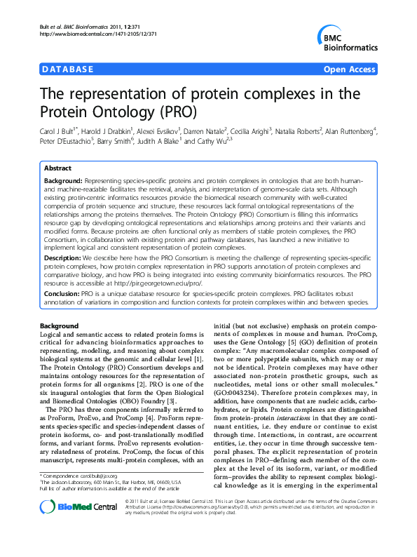 (PDF) The representation of protein complexes in the Protein Ontology (PRO)