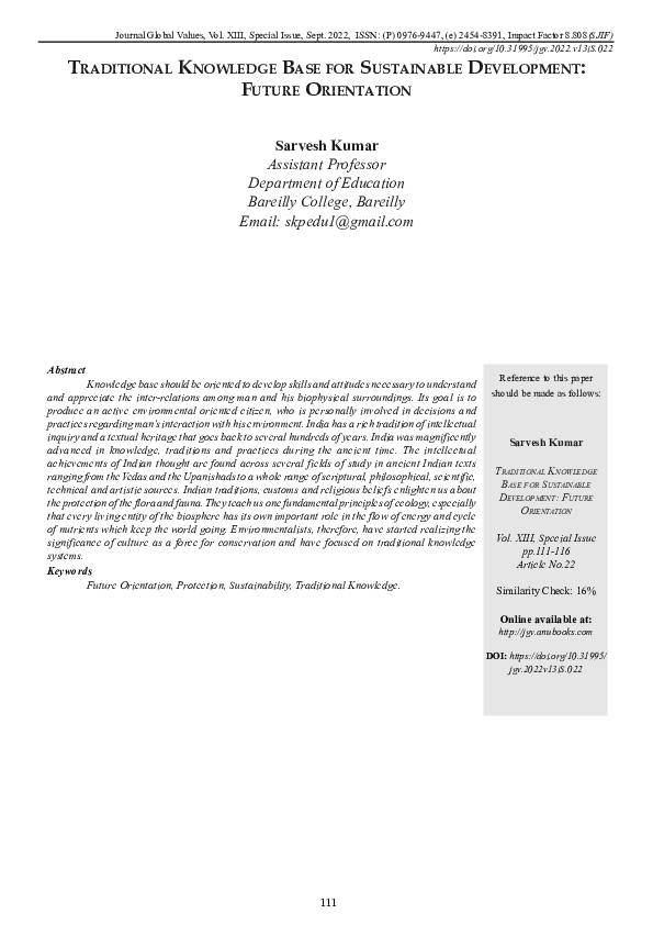 (PDF) TRADITIONAL KNOWLEDGE BASE FOR SUSTAINABLE DEVELOPMENT: FUTURE ...