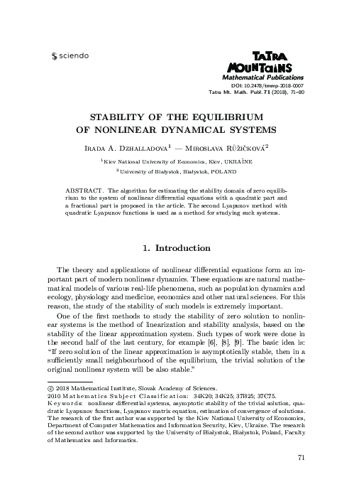 (PDF) Stability of The Equilibrium of Nonlinear Dynamical Systems