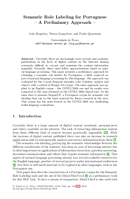 (PDF) Semantic role labeling for Portuguese - A preliminary approach
