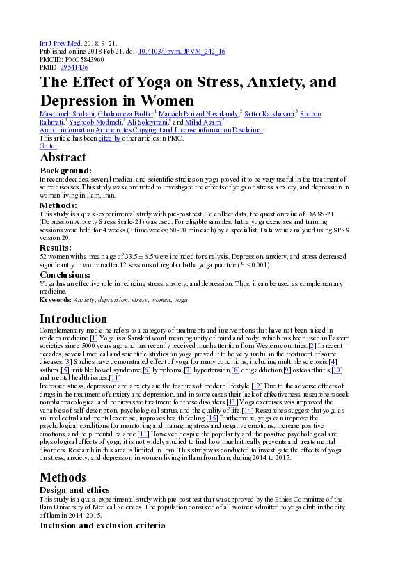(PDF) The effect of yoga on stress, anxiety, and depression in women