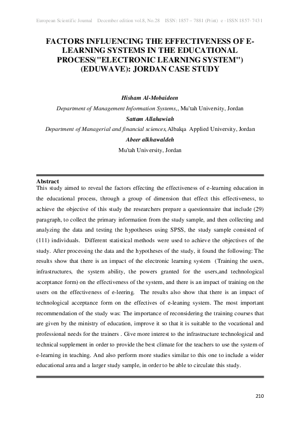 (PDF) Factors Influencing the Effectiveness of E-Learning Systems in ...