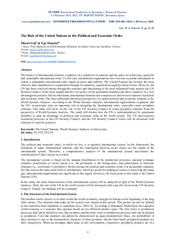 (PDF) The Role of the United Nations in the Political and Economic Order