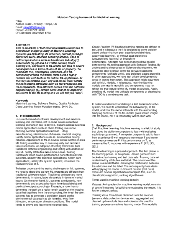 (PDF) Mutation Testing framework for Machine Learning