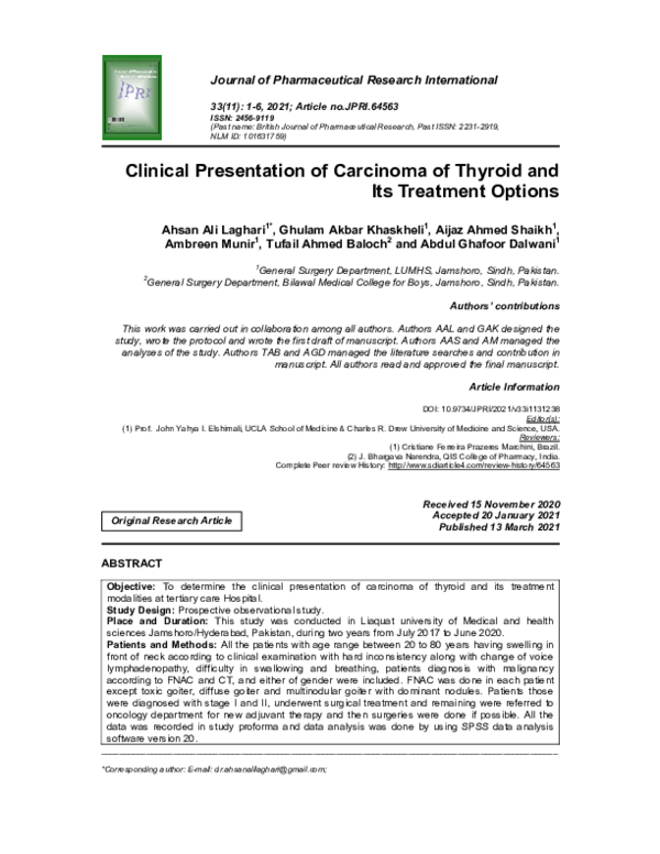 (PDF) Clinical Presentation of Carcinoma of Thyroid and Its Treatment ...