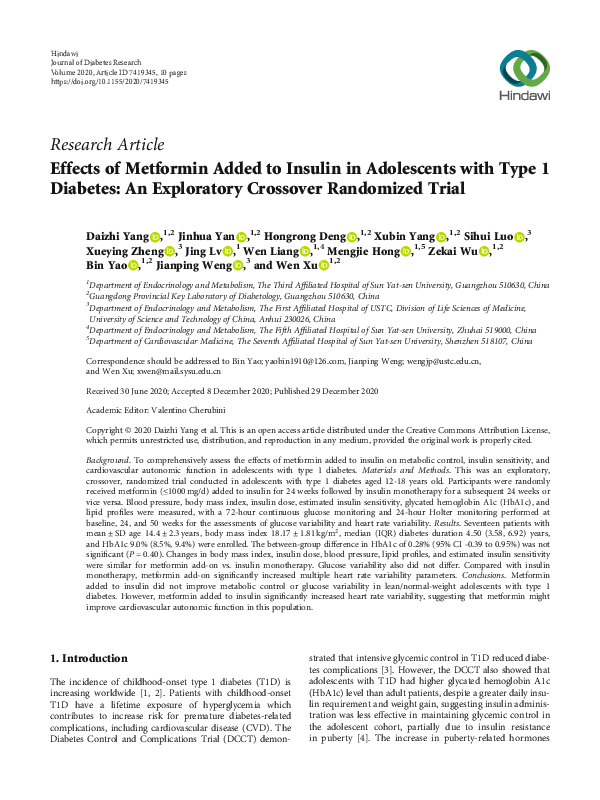 (PDF) Effects of Metformin Added to Insulin in Adolescents with Type 1 ...