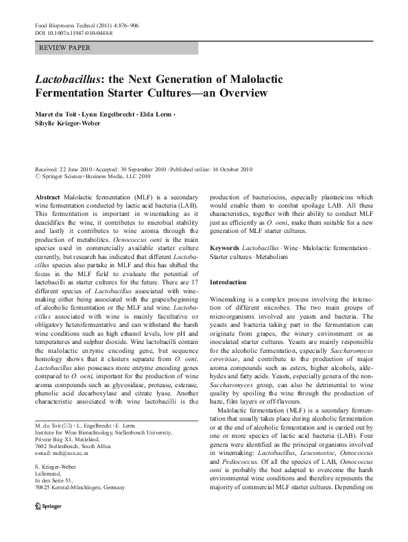 (PDF) Lactobacillus the Next Generation of Malolactic Fermentation