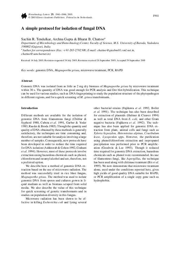 (PDF) A simple protocol for isolation of fungal DNA