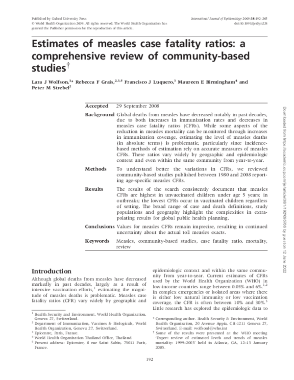 (PDF) Estimates of measles case fatality ratios: a comprehensive review ...
