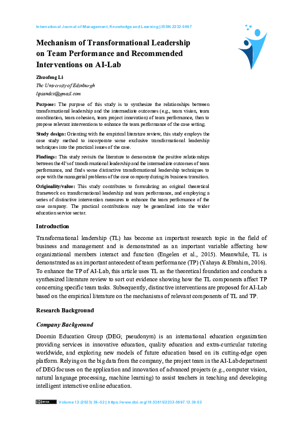 (PDF) Mechanism of Transformational Leadership on Team Performance and ...