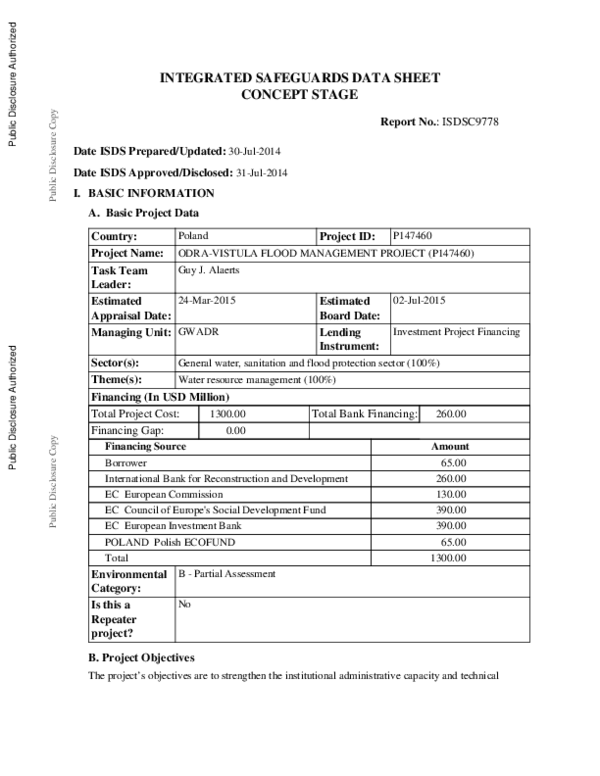 (PDF) Integrated Safeguards Data Sheet (Concept Stage) - ODRA-VISTULA ...
