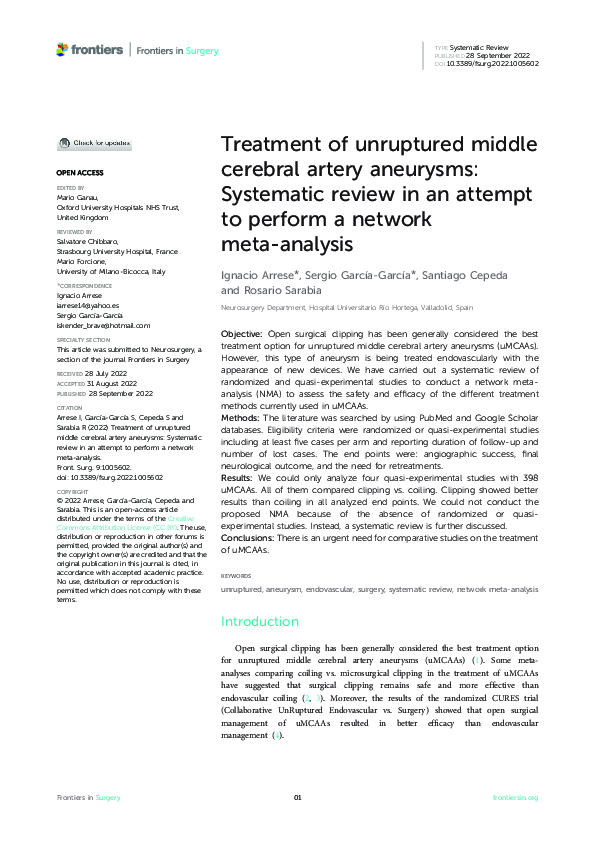 (PDF) Treatment of unruptured middle cerebral artery aneurysms ...