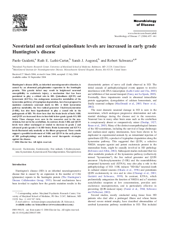 (PDF) Neostriatal and cortical quinolinate levels are increased in ...