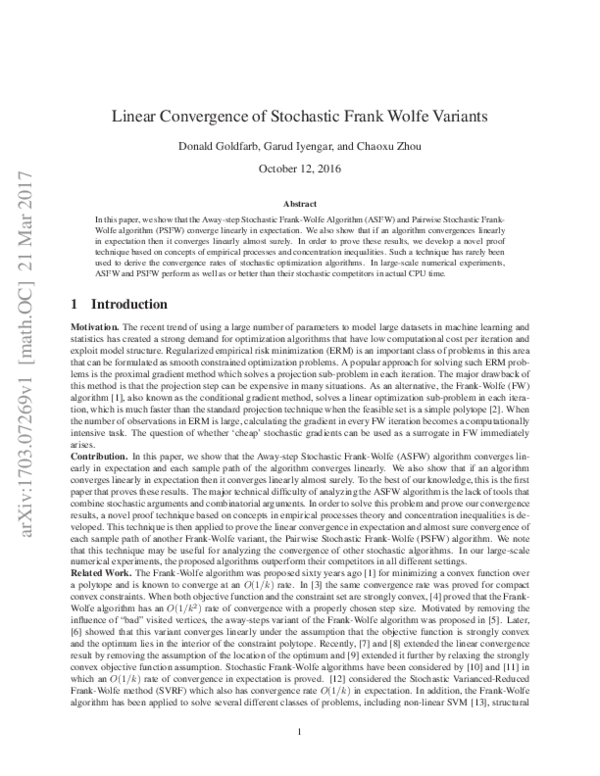 (PDF) Linear Convergence of Stochastic Frank Wolfe Variants