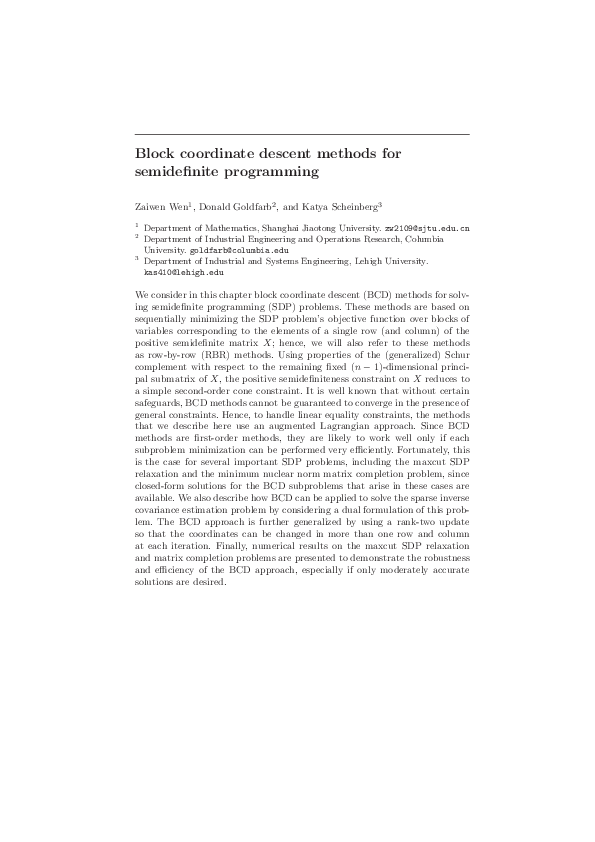 (PDF) Block Coordinate Descent Methods for Semidefinite Programming