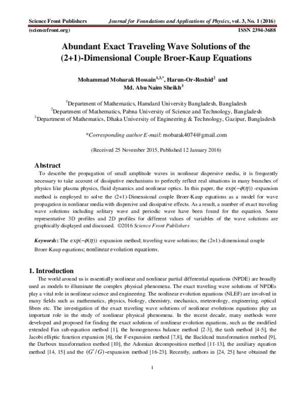 (PDF) Abundant Exact Traveling Wave Solutions of the (2+1)-Dimensional ...