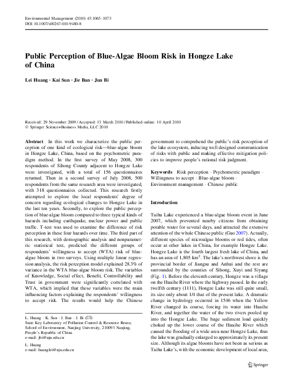 (PDF) Public Perception of Blue-Algae Bloom Risk in Hongze Lake of China