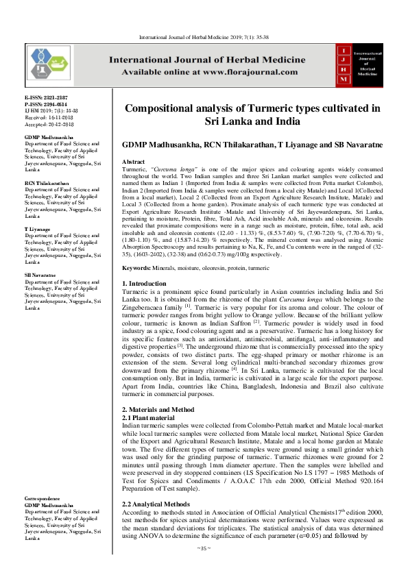 (PDF) Compositional analysis of Turmeric types cultivated in Sri Lanka ...