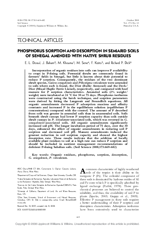 (PDF) Phosphorus Sorption and Desorption in Semiarid Soils of Senegal ...
