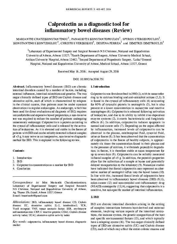 (PDF) Calprotectin as a diagnostic tool for inflammatory bowel diseases