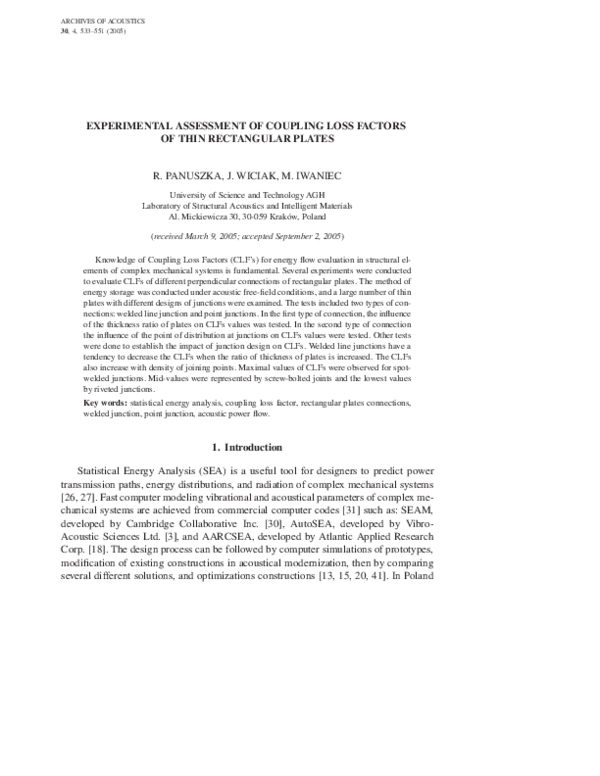 (PDF) Experimental assessment of coupling loss factors of thin ...