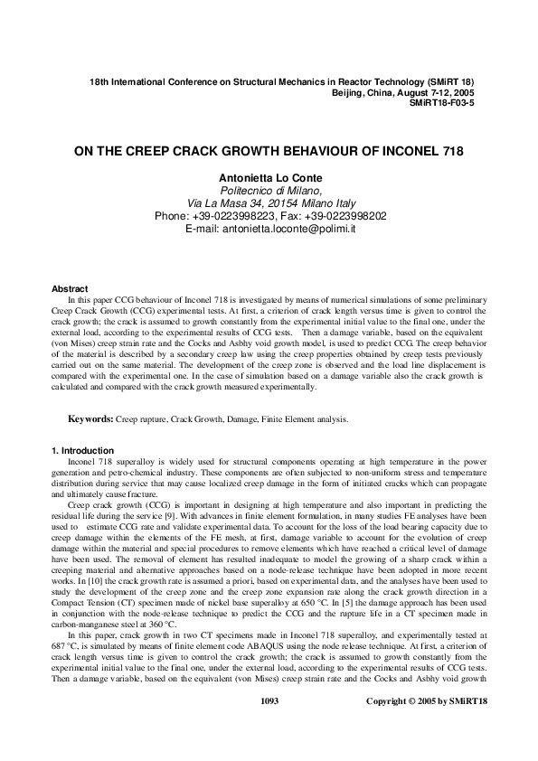 (PDF) On the Creep Crack Growth Behaviour of Inconel 718
