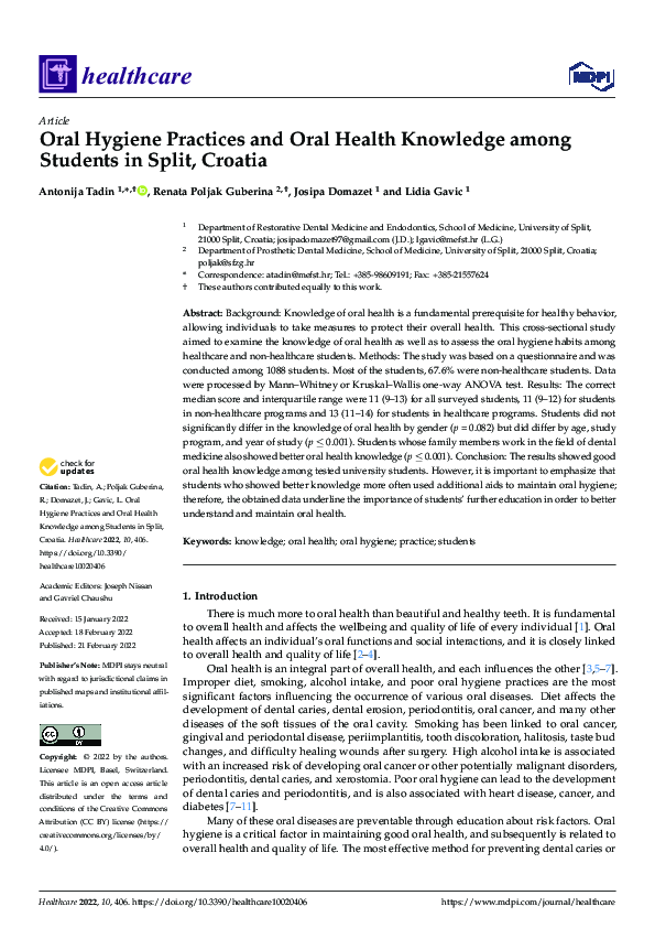(PDF) Oral Hygiene Practices and Oral Health Knowledge among Students ...
