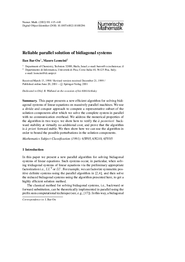 (PDF) Reliable parallel solution of bidiagonal systems