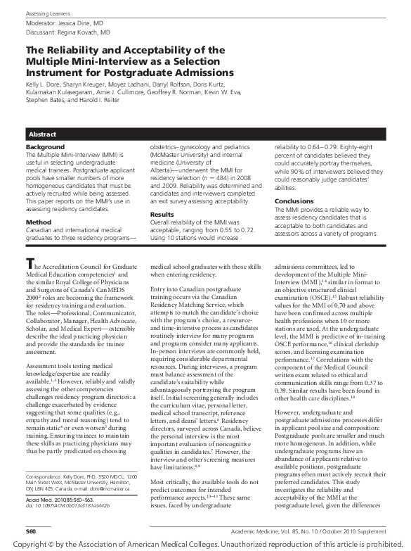 Pdf The Reliability And Acceptability Of The Multiple Mini Interview