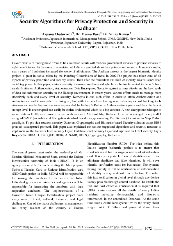 (PDF) Security Algorithms for Privacy Protection and Security in Aadhaar