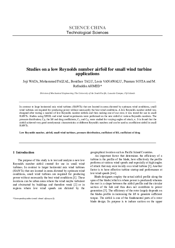 (PDF) Studies on a low Reynolds number airfoil for small wind turbine ...