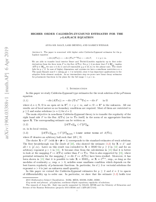 (PDF) Higher order Calderón-Zygmund estimates for the p-Laplace equation