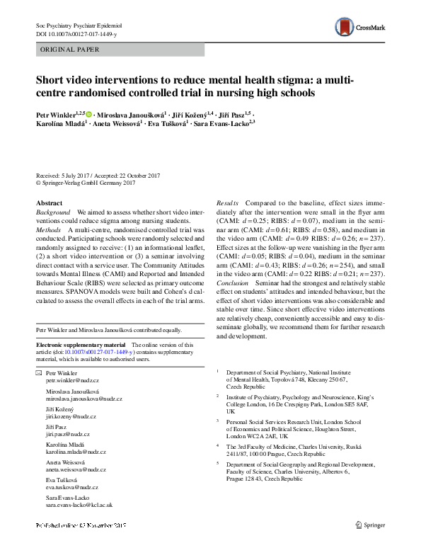 (PDF) Short video interventions to reduce mental health stigma: a multi ...