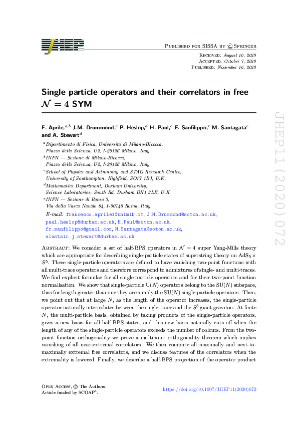 (PDF) Single particle operators and their correlators in free ...