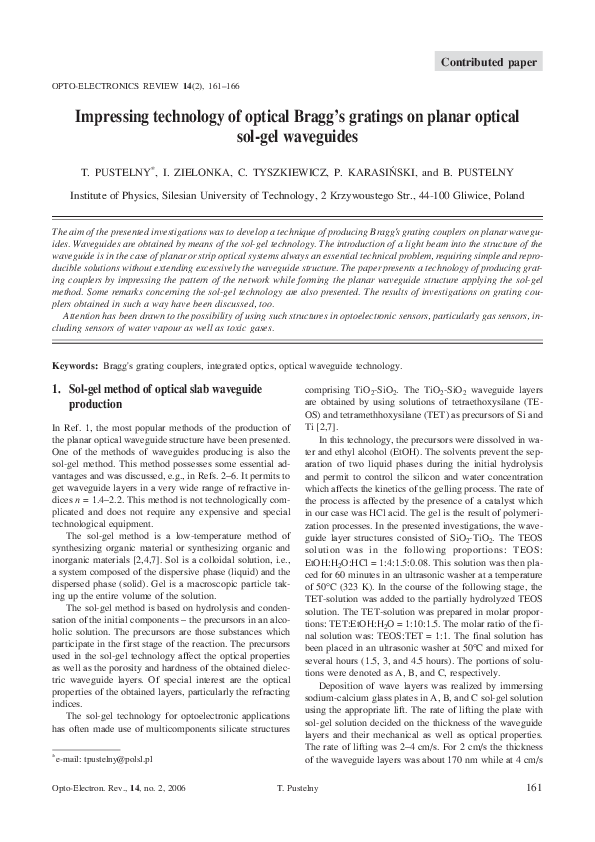 (PDF) Impressing technology of optical Bragg’s gratings on planar ...