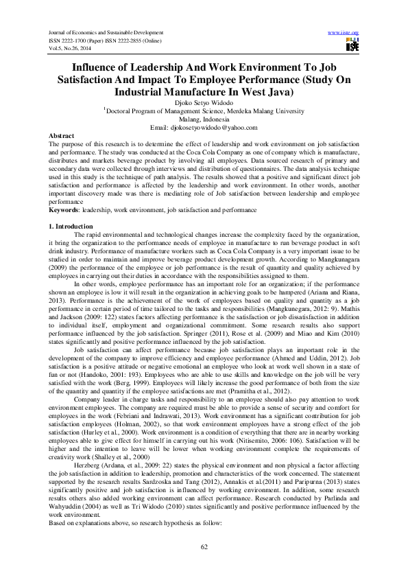 (PDF) Influence of Leadership And Work Environment To Job Satisfaction ...
