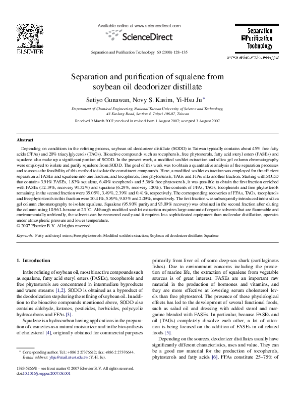 (PDF) Separation and purification of squalene from soybean oil