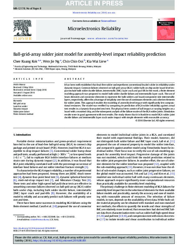(PDF) Ballgridarray solder joint model for assemblylevel impact