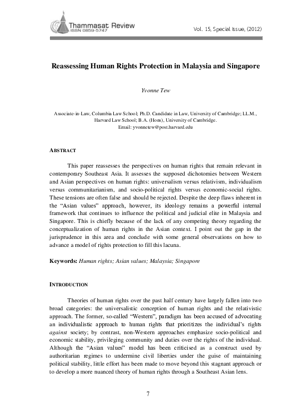 (PDF) Reassessing Human Rights Protection in Malaysia and Singapore