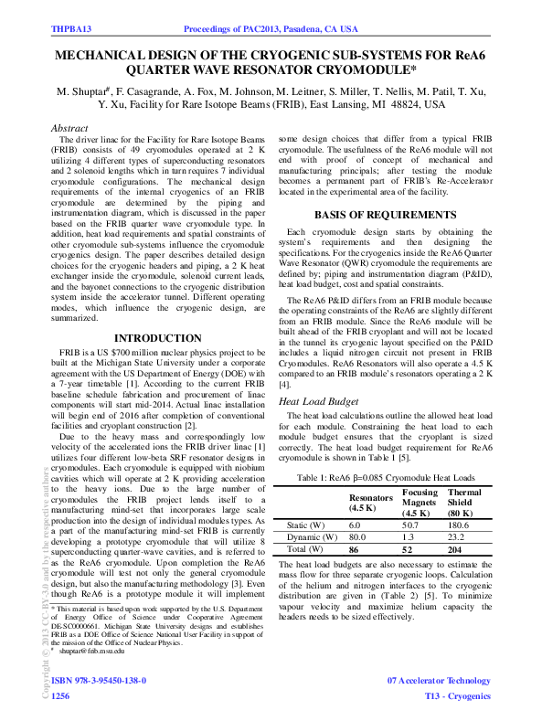 (PDF) MECHANICAL DESIGN OF THE CRYOGENIC SUB-SYSTEMS FOR ReA6 QUARTER ...