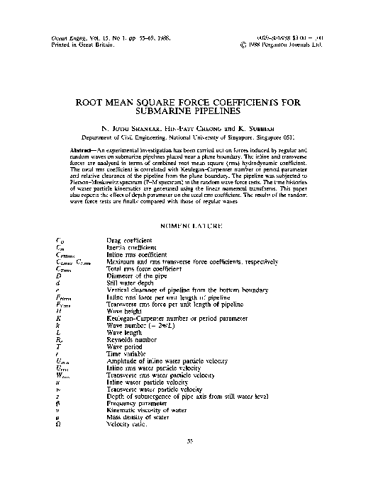 (PDF) Root mean square force coefficients for submarine pipelines