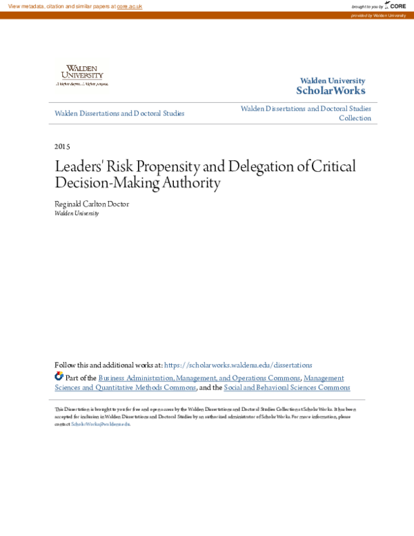 (PDF) Leaders\u27 Risk Propensity and Delegation of Critical Decision ...