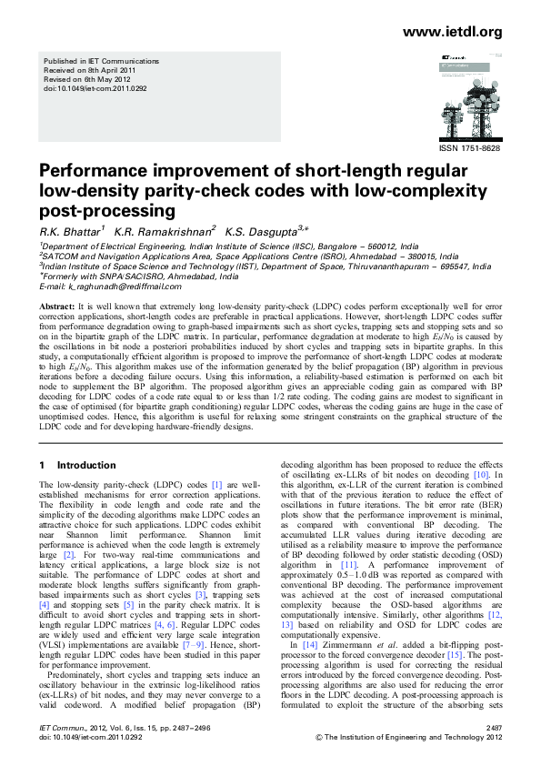 (PDF) Performance improvement of short-length regular low-density ...
