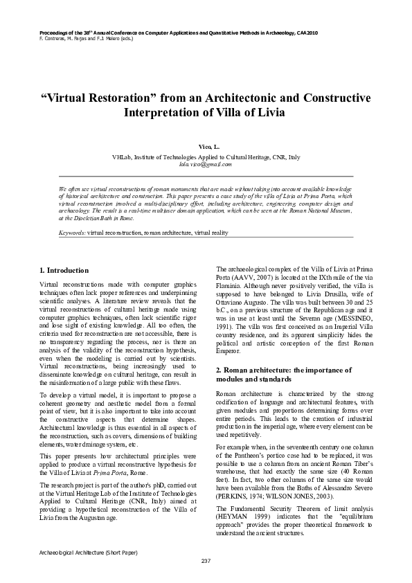 Virtual Restoration" from an Architectonic and Constructive Interpretation of Villa of Livia