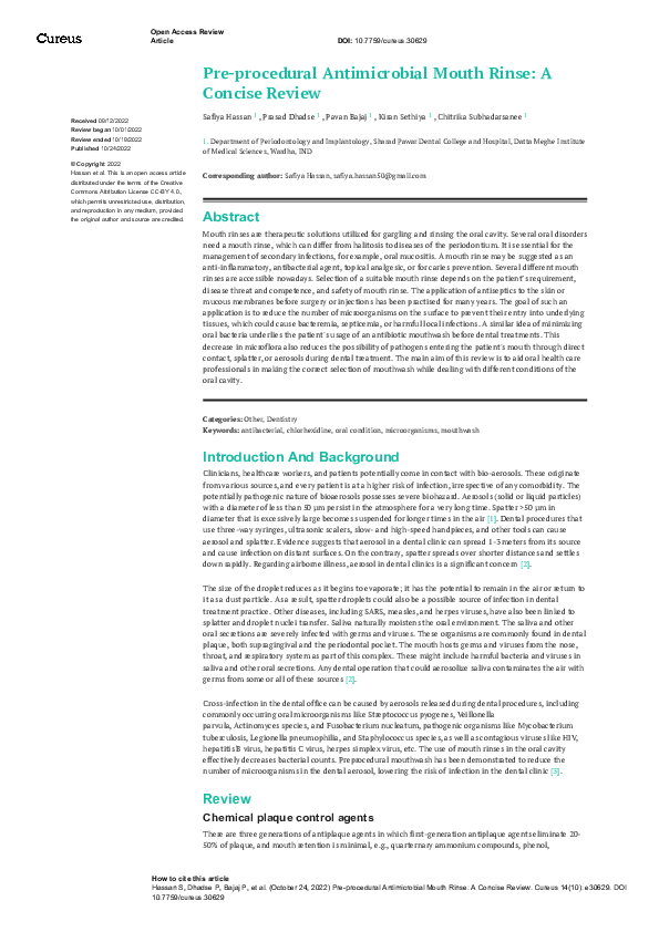 (PDF) Pre-procedural Antimicrobial Mouth Rinse: A Concise Review