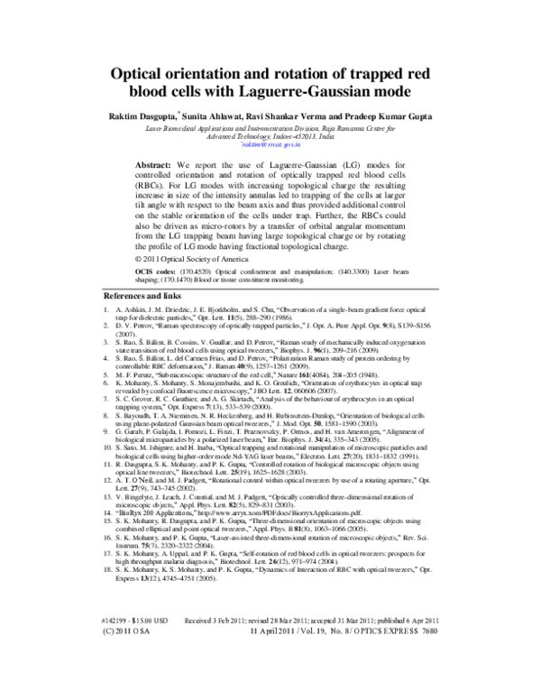 (PDF) Optical orientation and rotation of trapped red blood cells with ...